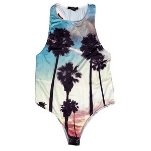 Tropical, palm tree, sunset, one-piece Forever21 bathing suit